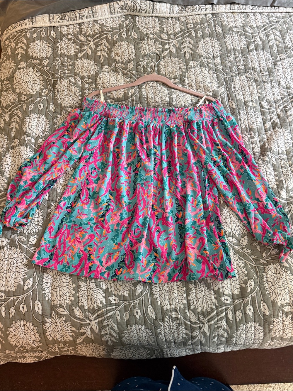 Lilly Pulitzer Off-Shoulder Floral Blouse in Teal, Hot Pink and Coral